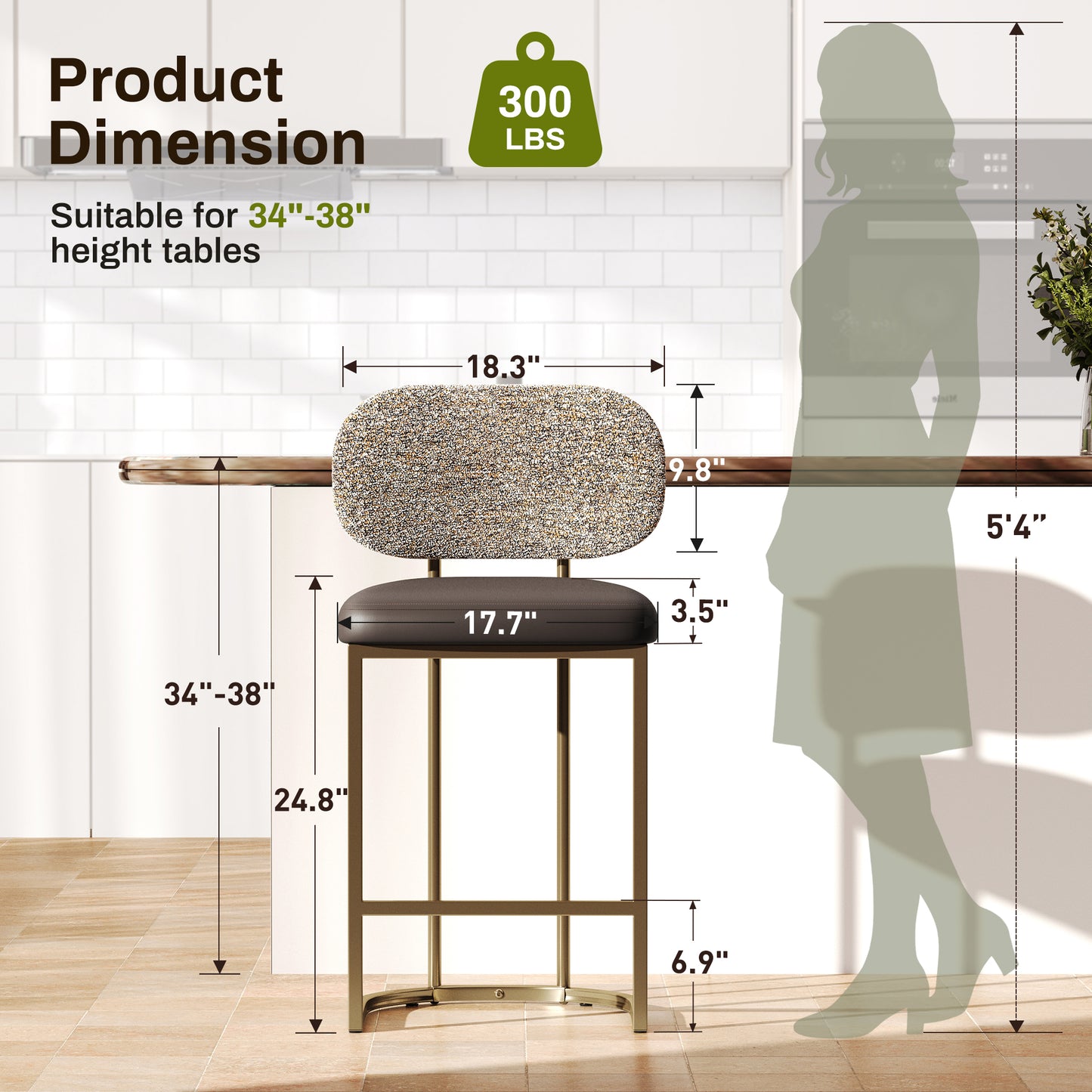 Captiva Designs 24.8 inch Counter Height Bar Stool with Large Chenille Back & PU Leather Seat & Footrest & Adjustable Foot Pad & Sturdy Steel Frame