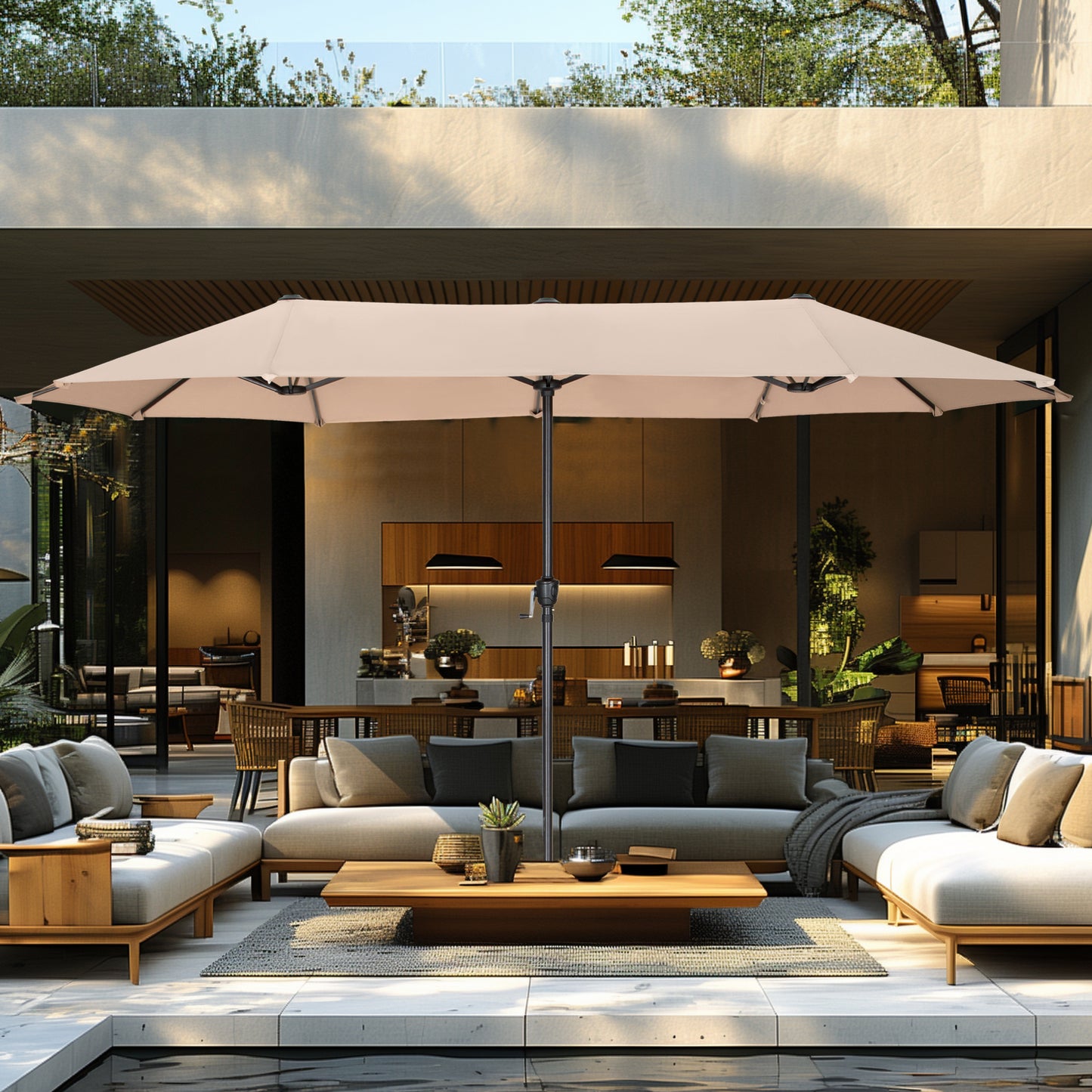 Captiva Designs 8pc Patio Slat-top Black Dining Table & Crescent Arm Rattan Chairs & Market Umbrella