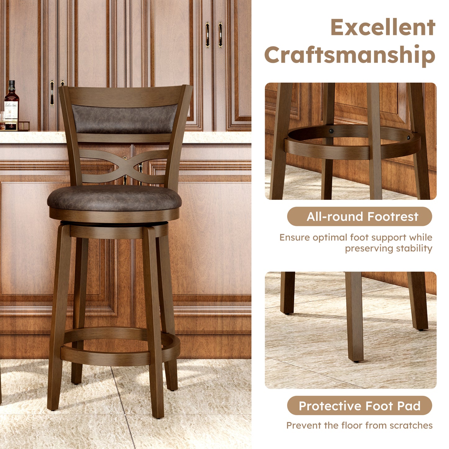 Captiva Designs Counter & Bar Height Swivel Bar Stools with Faux Leather Upholstered Seat & Rubberwood Frame & Wrap-Around Footrest
