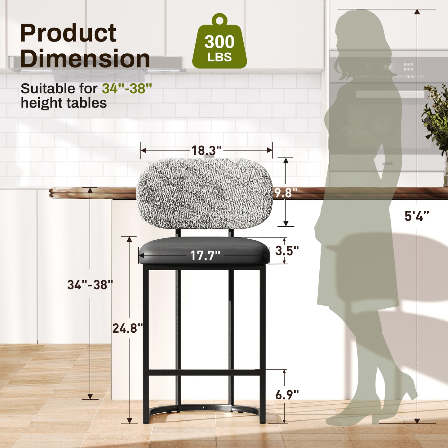 Captiva Designs 24.8 inch Counter Height Bar Stool with Large Chenille Back & PU Leather Seat & Footrest & Adjustable Foot Pad & Sturdy Steel Frame