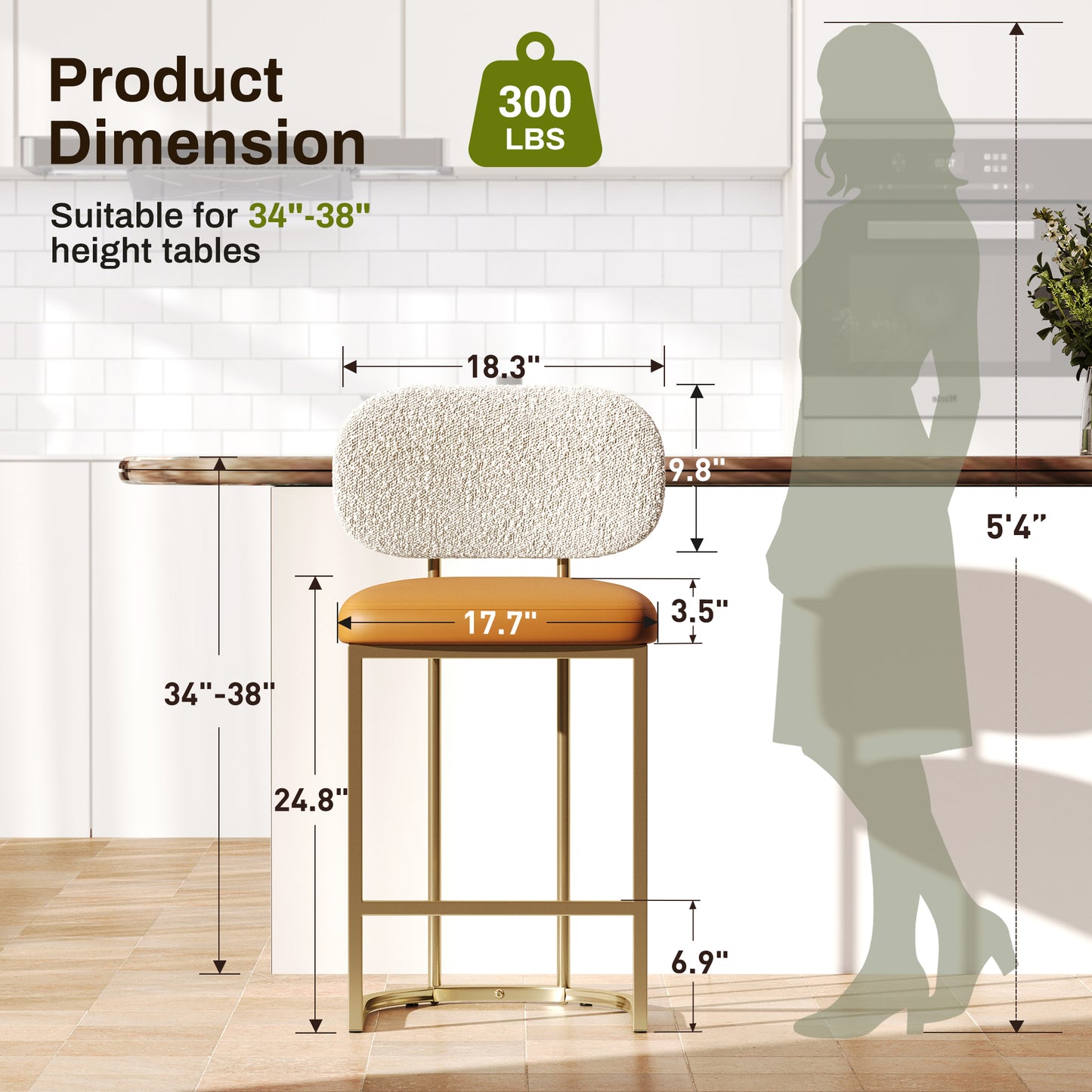 Captiva Designs 24.8 inch Counter Height Bar Stool with Large Chenille Back & PU Leather Seat & Footrest & Adjustable Foot Pad & Sturdy Steel Frame