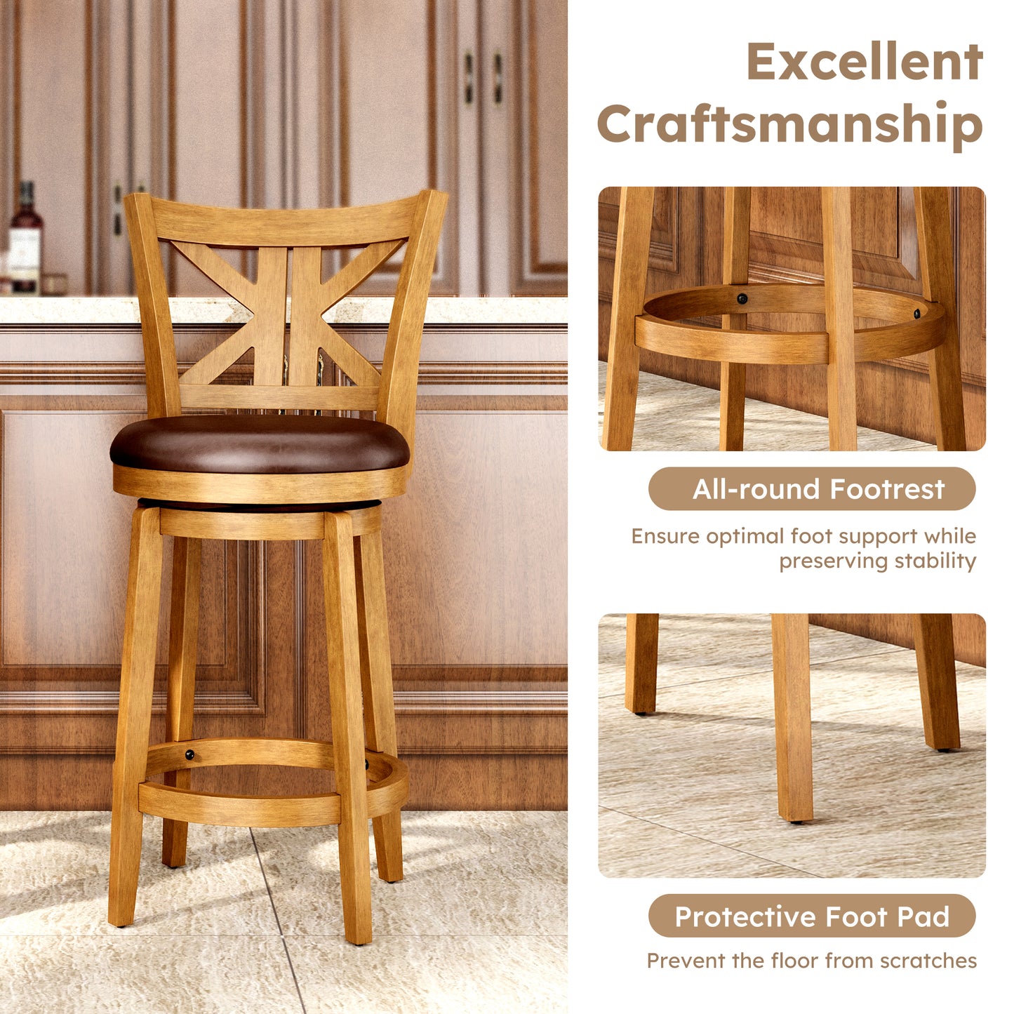 Captiva Designs Counter & Bar Height Swivel Bar Stools with Faux Leather Upholstered Seat & Rubberwood Frame & Wrap-Around Footrest