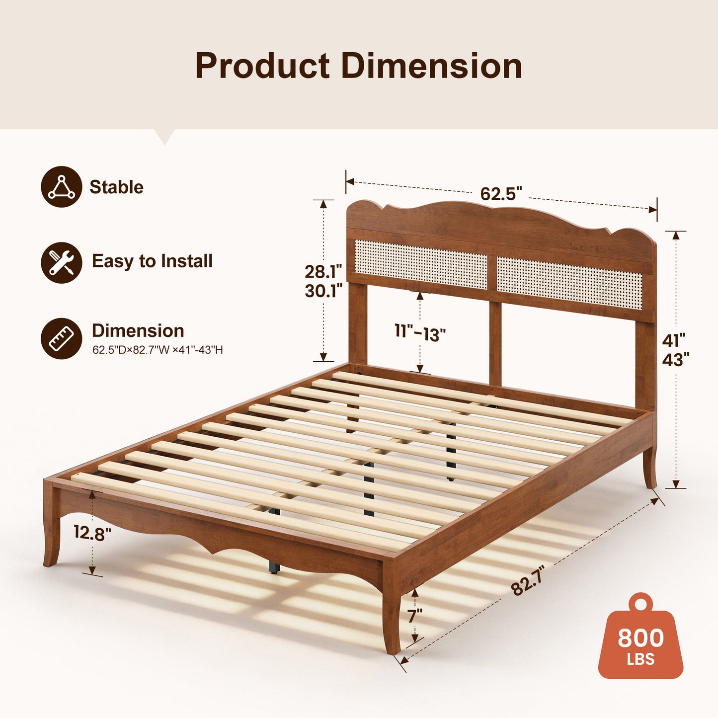 Captiva Designs Wood Platform Bed Frame with Height Adjustable Woven Rattan Headboard and Reinforced Slats Support, No Box Spring Needed