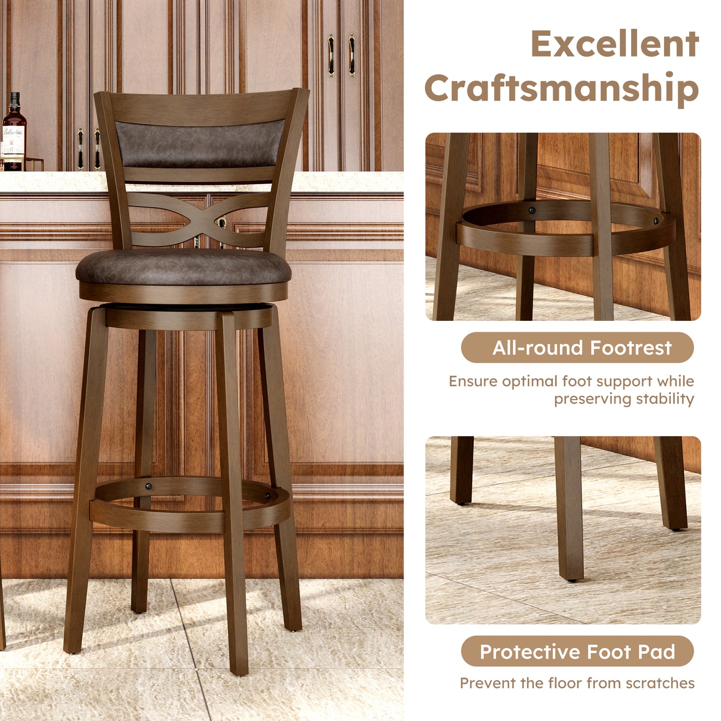 Captiva Designs Counter & Bar Height Swivel Bar Stools with Faux Leather Upholstered Seat & Rubberwood Frame & Wrap-Around Footrest