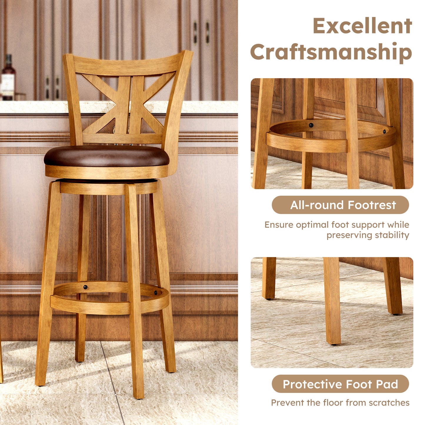 Captiva Designs Counter & Bar Height Swivel Bar Stools with Faux Leather Upholstered Seat & Rubberwood Frame & Wrap-Around Footrest