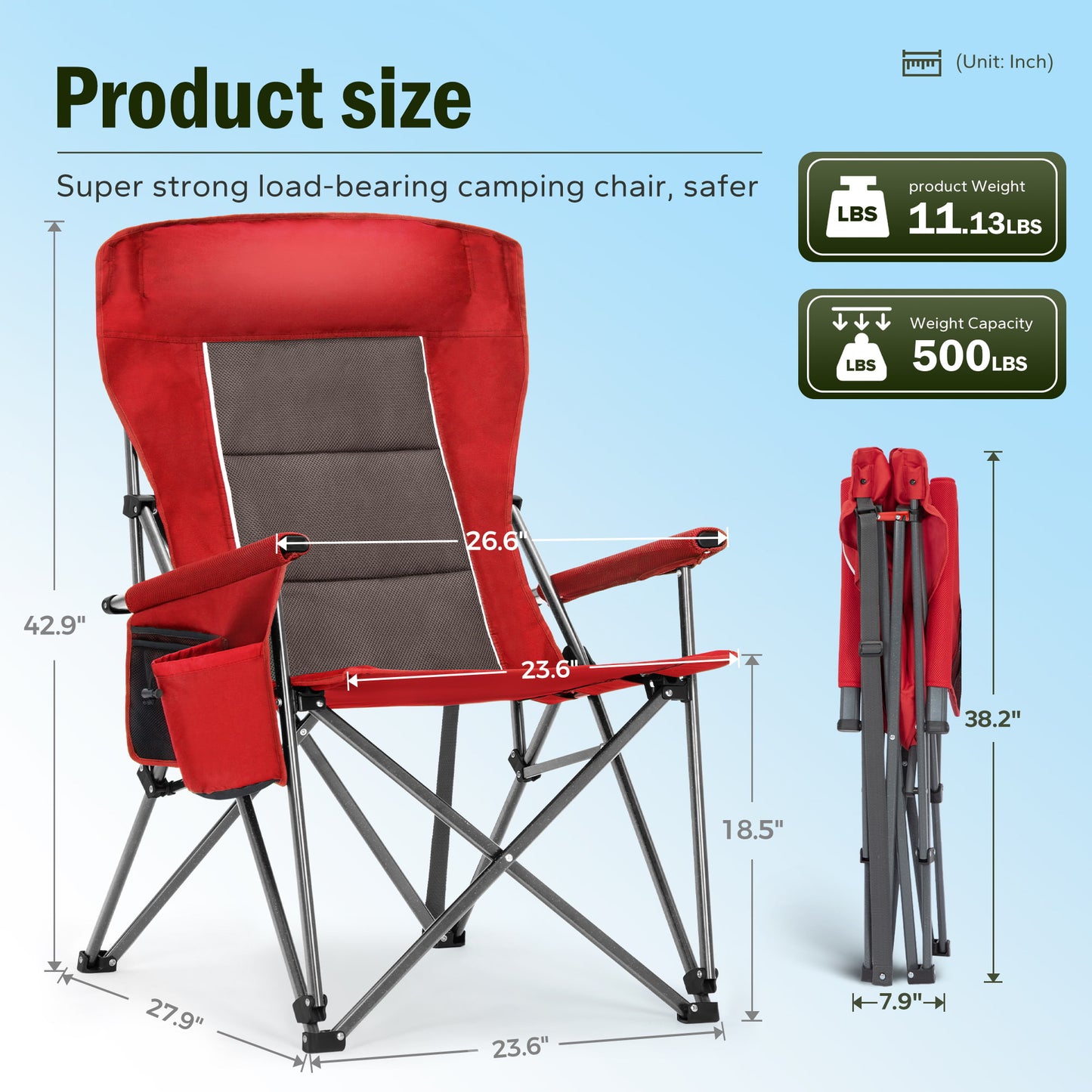 Captiva Designs Heavy Duty XL Camping Chair with Headrest, Cup Holder & Side Pocket, 500 lbs Capacity