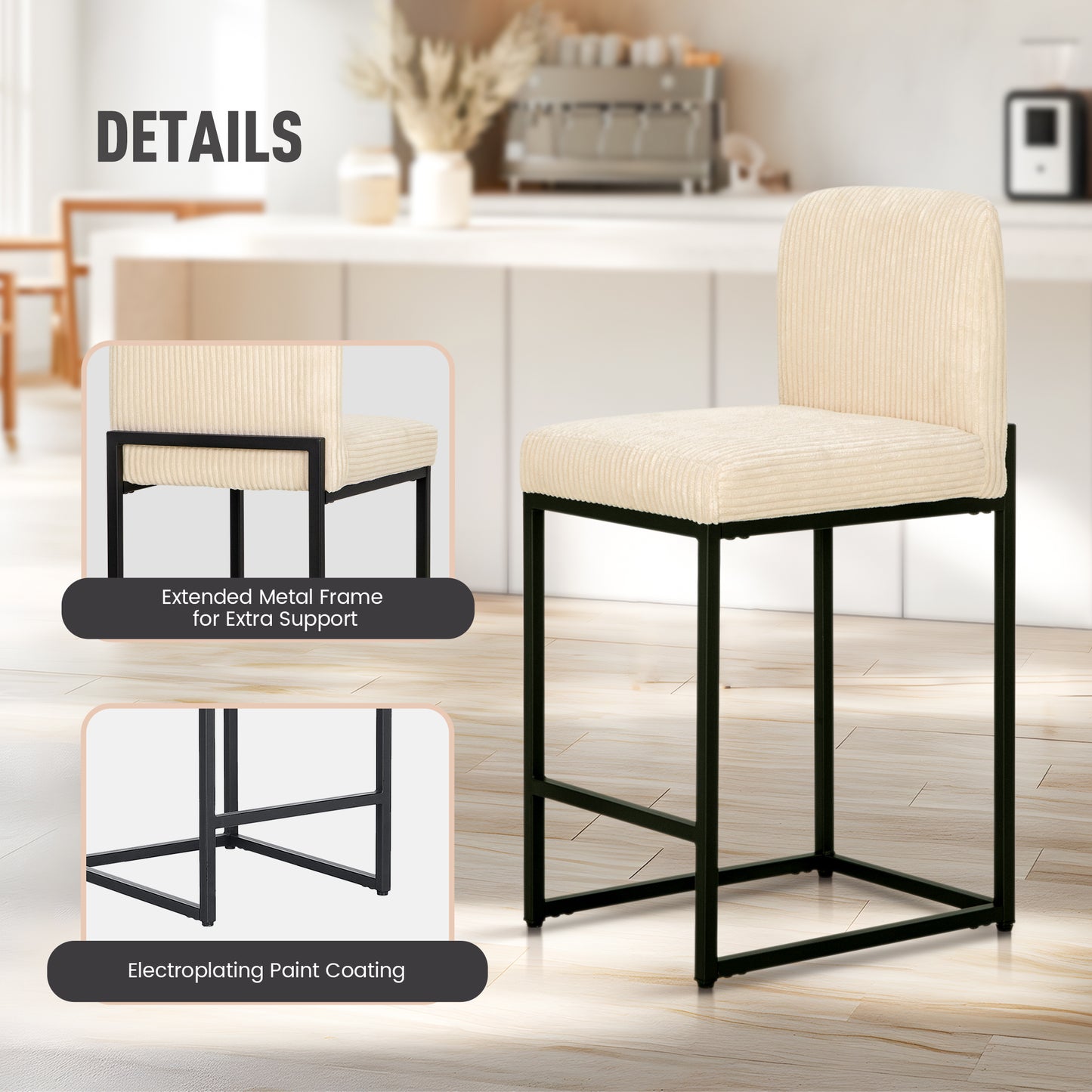 Captiva Designs 24 inch Height Bar Stool with Padded Seat and Back & Sturdy Steel Frame & Footrest