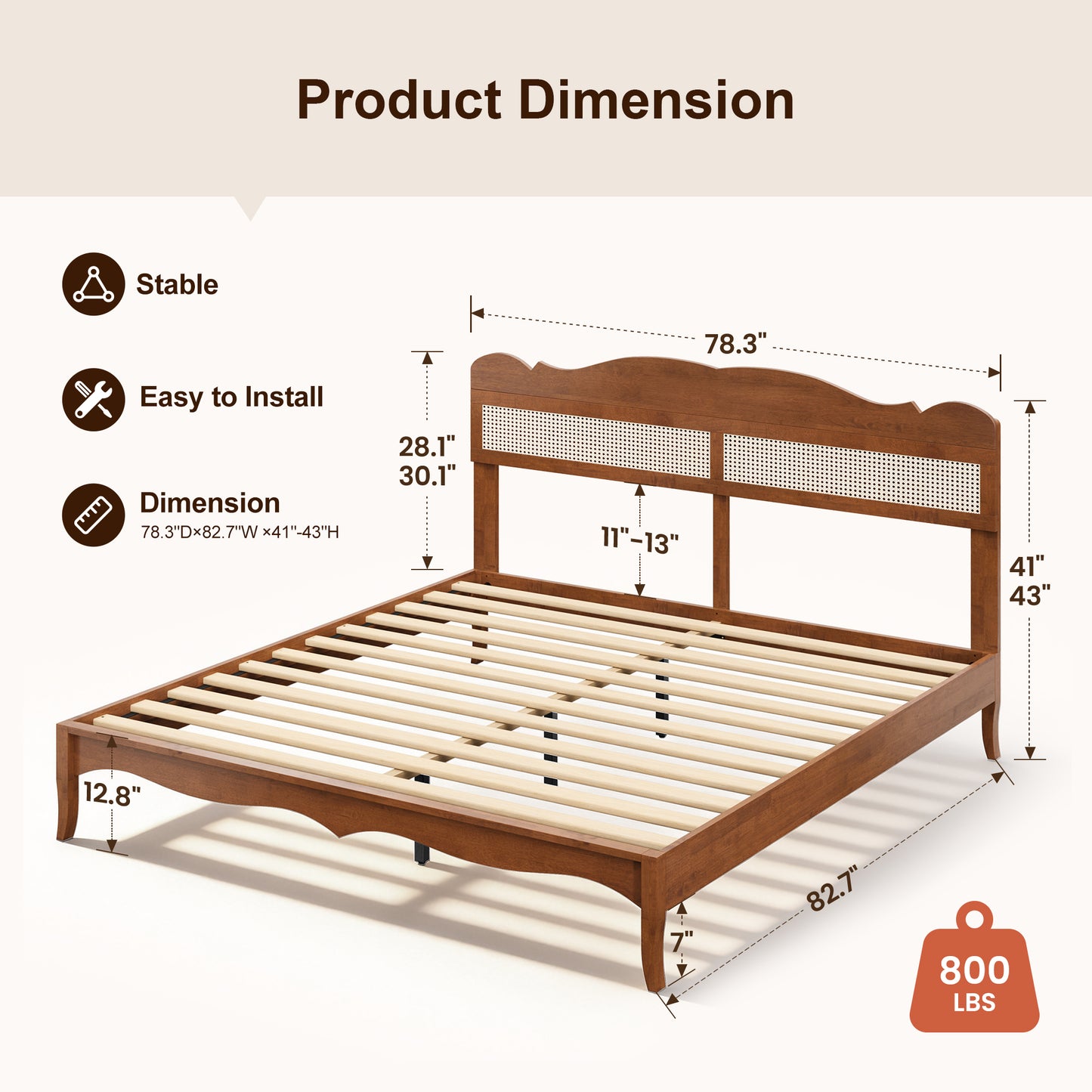 Captiva Designs Wood Platform Bed Frame with Height Adjustable Woven Rattan Headboard and Reinforced Slats Support, No Box Spring Needed