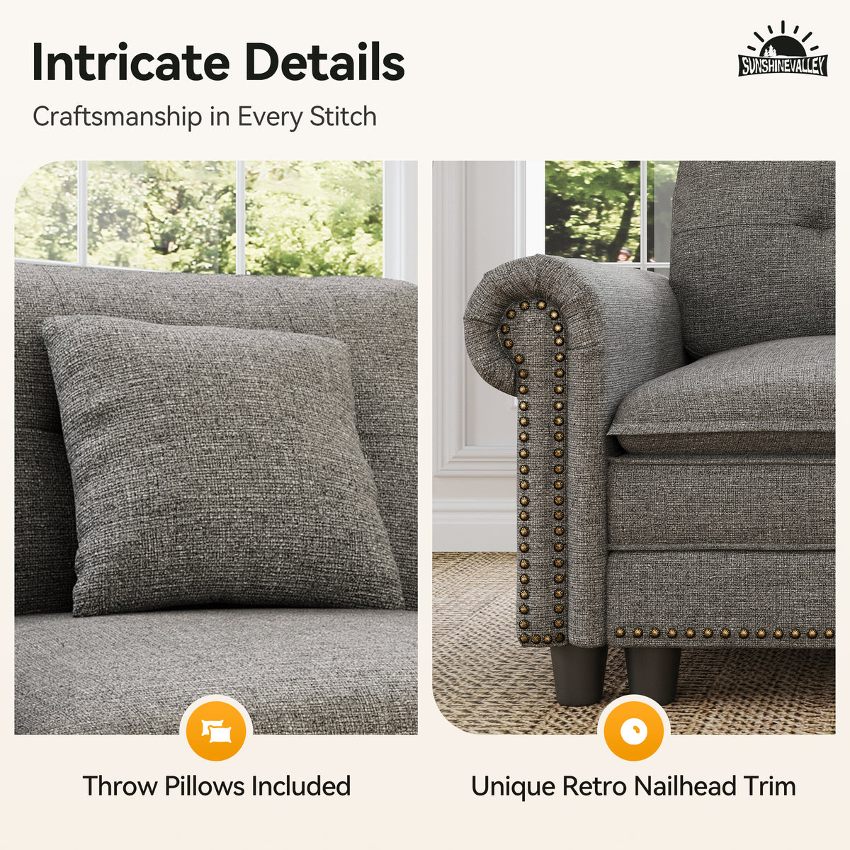 SUNSHINE VALLEY Modular Sectional Couch and Loveseat Set for Living Room, Mid-Century Modern 5-Seat Couch Set, Medium Heathered Grey, Rolled Arms & Nailhead Trim, Deeper Seats, Linen Furniture Set