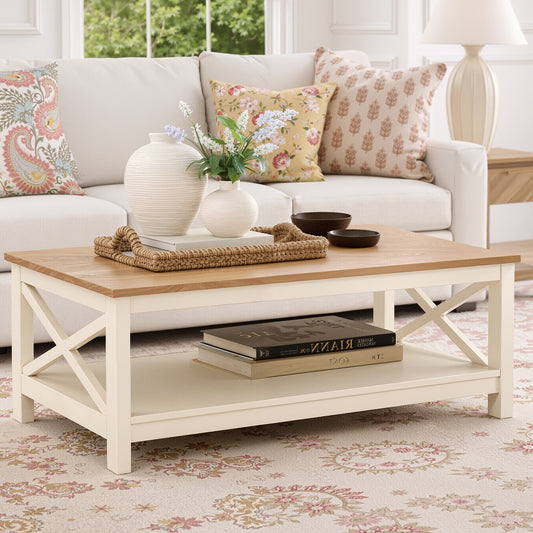 Captiva Designs Farmhouse Coffee Table with Storage Shelf for Living Room, 2-Tier Wooden Center Table with X-Shape Design, Ivory