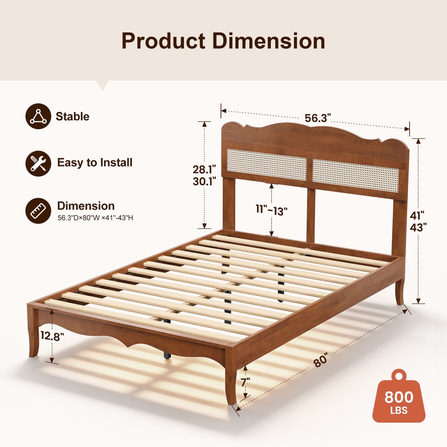 Captiva Designs Wood Platform Bed Frame with Height Adjustable Woven Rattan Headboard and Reinforced Slats Support, No Box Spring Needed