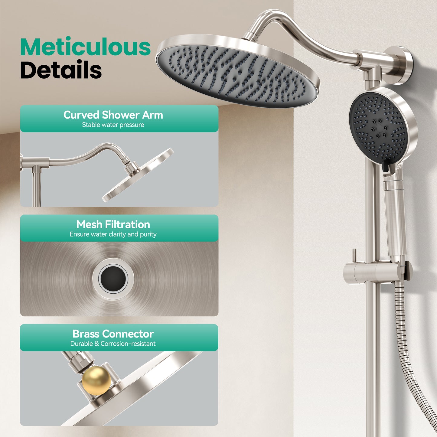 Captiva Designs Wall Mounted High Pressure Shower Head with Hand Shower