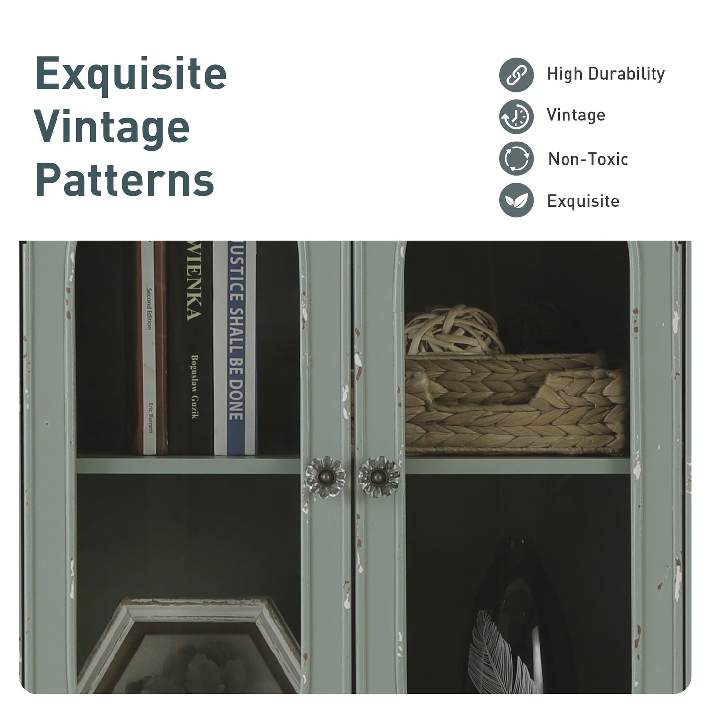 Captiva Designs Antique Mint Green Accent Sideboards Buffets Cabinet with 2 Glass Doors and 1 Drawer for Kitchen Dining Room