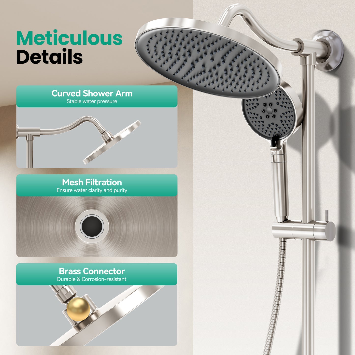 Captiva Designs Wall Mounted High Pressure Shower Head with Hand Shower