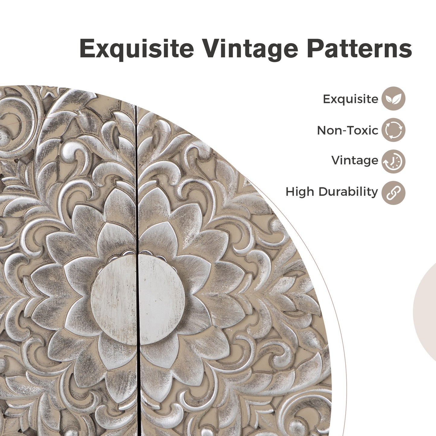 Captiva Designs Antique Silver Carved Floral Buffet Cabinet with Doors for Living Room, Entryway