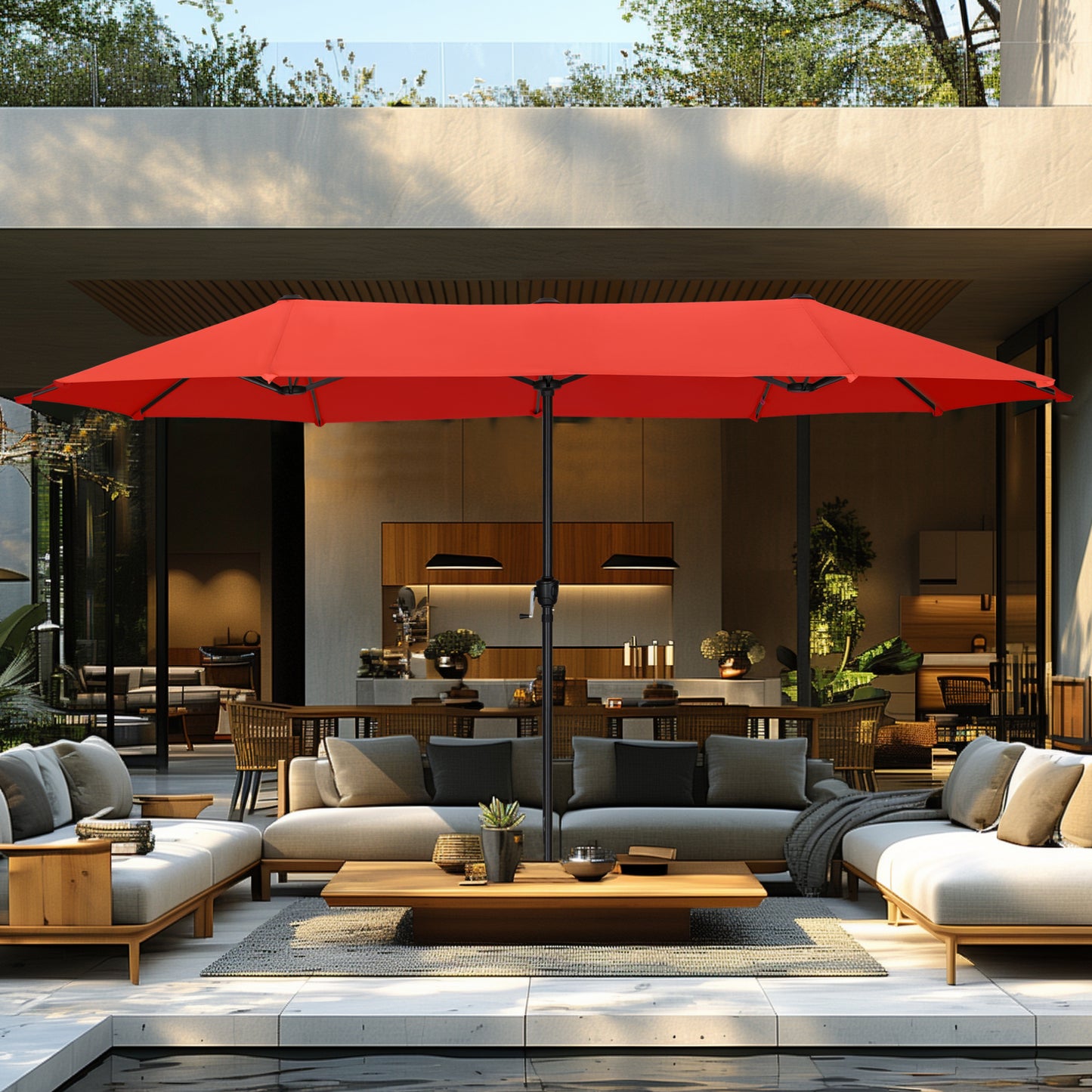 Captiva Designs 8pc Patio Slat-top Dining Steel Table & Stackable Steel Chairs & Market Umbrella