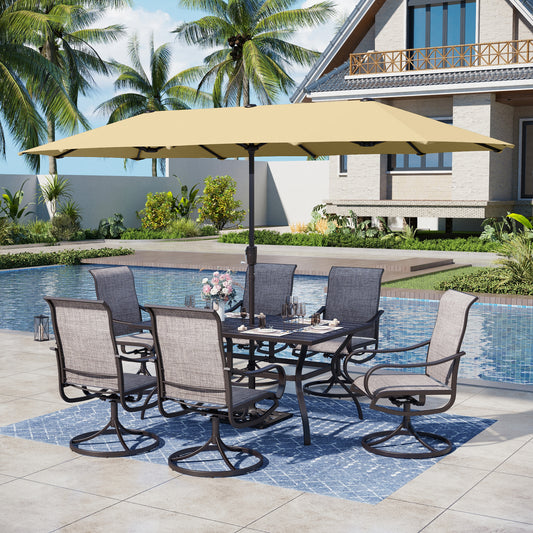 Captiva Designs 8pc Patio Rectangular Steel Dining Table & Sling Swivel Chairs & Market Umbrella