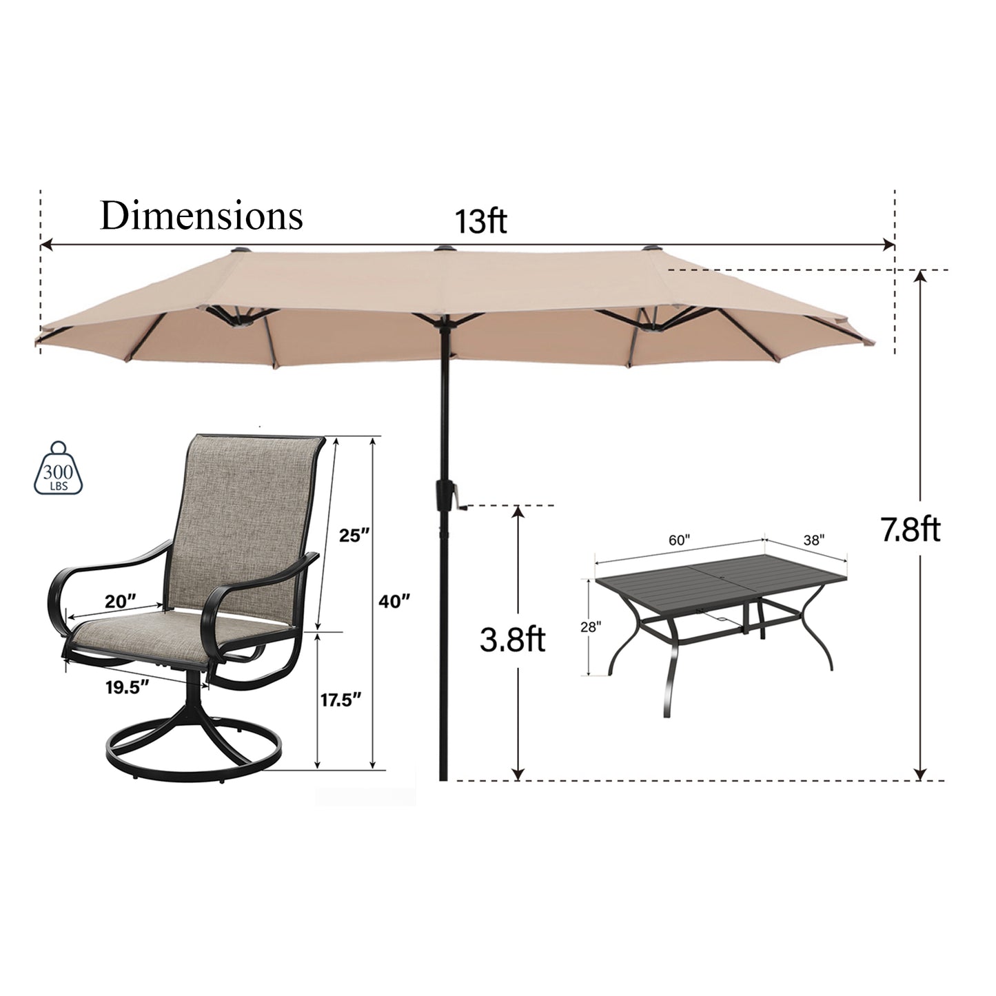 Captiva Designs 8pc Patio Rectangular Steel Dining Table & Sling Swivel Chairs & Market Umbrella