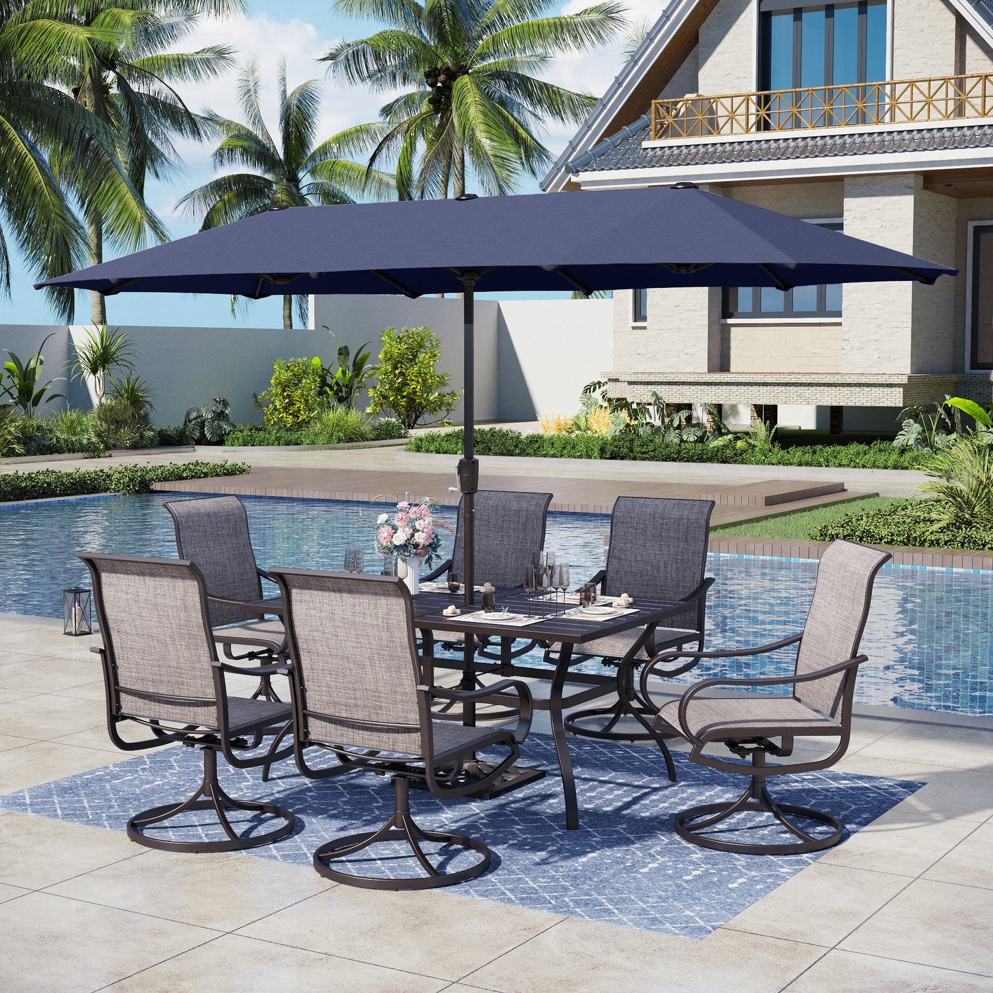 Captiva Designs 8pc Patio Rectangular Steel Dining Table & Sling Swivel Chairs & Market Umbrella