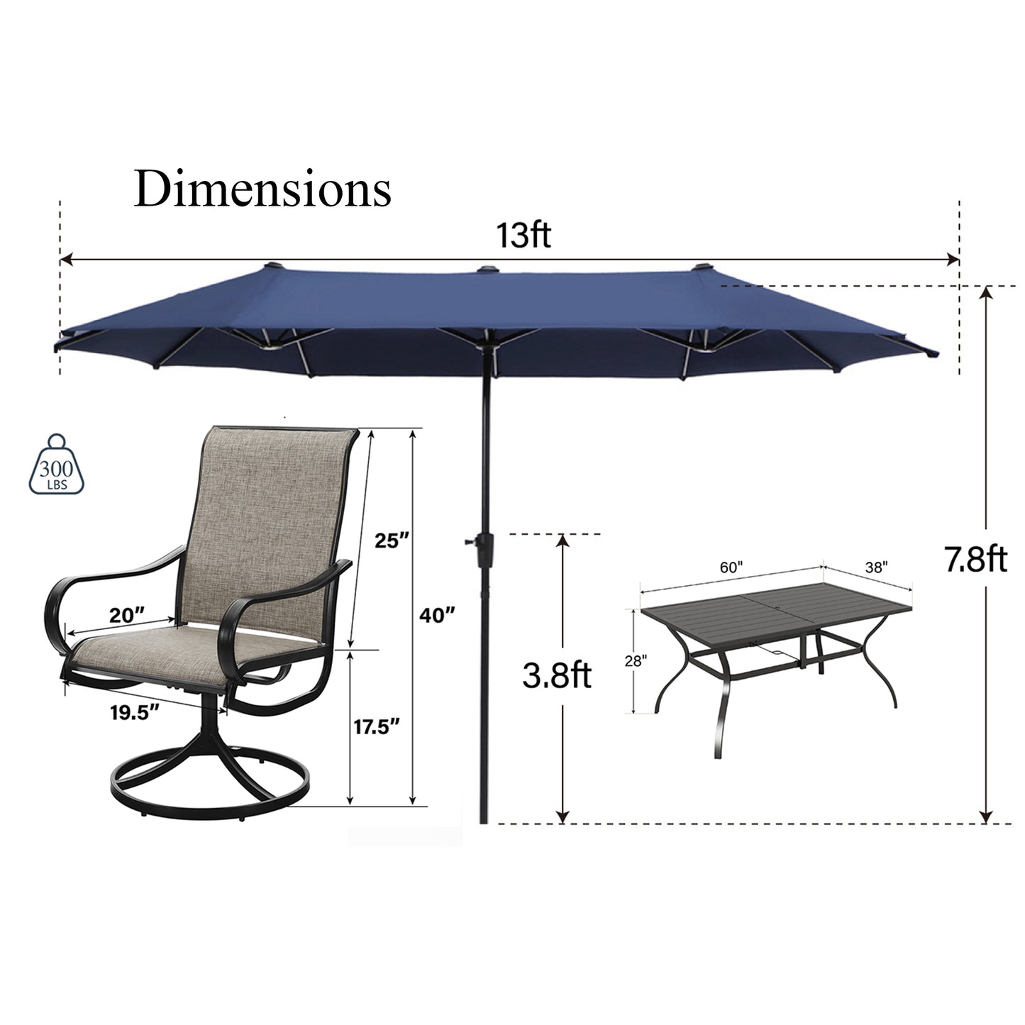 Captiva Designs 8pc Patio Rectangular Steel Dining Table & Sling Swivel Chairs & Market Umbrella