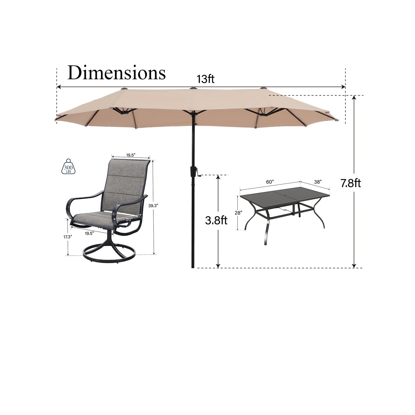 Captiva Designs 8pc Patio Rectangular Steel Dining Table & Sling Swivel Chairs & Market Umbrella