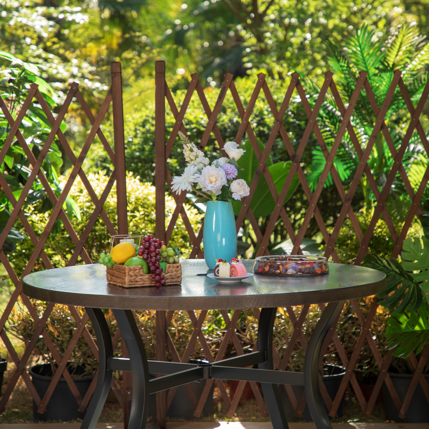 Captiva Designs 5pc Outdoor Patio Dining Wood-like Table with Umbrella Hole & Quick-dry Sling Chairs