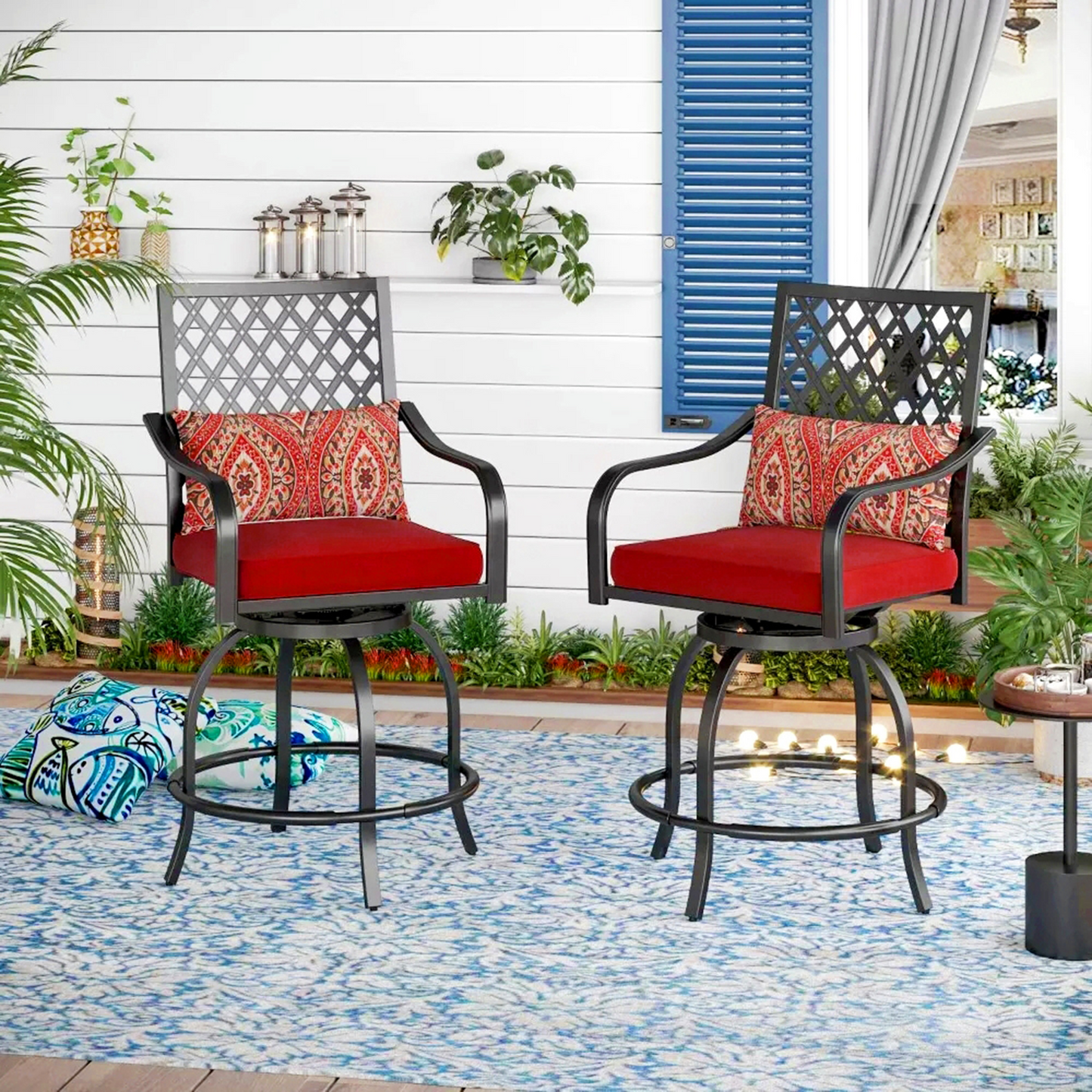 Captiva Designs Outdoor Metal Frame Swivel Armrest Bar Stools with Seat Cushions