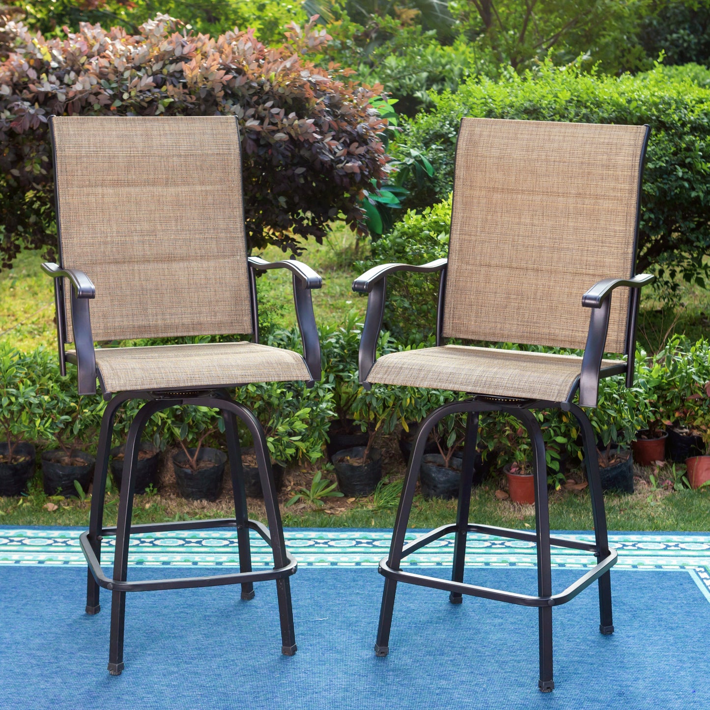 Captiva Designs Outdoor Patio Breathable Textilene Sling High Bar Steel Stools with Stylish Armrests