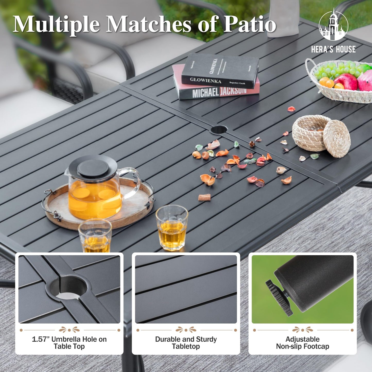 HERA'S HOUSE Patio Table and Chairs for 6, Outdoor Dining Set 7 Pieces, 67" Rectangle Metal Table with Elegant Armrest Chairs for Garden Backyard