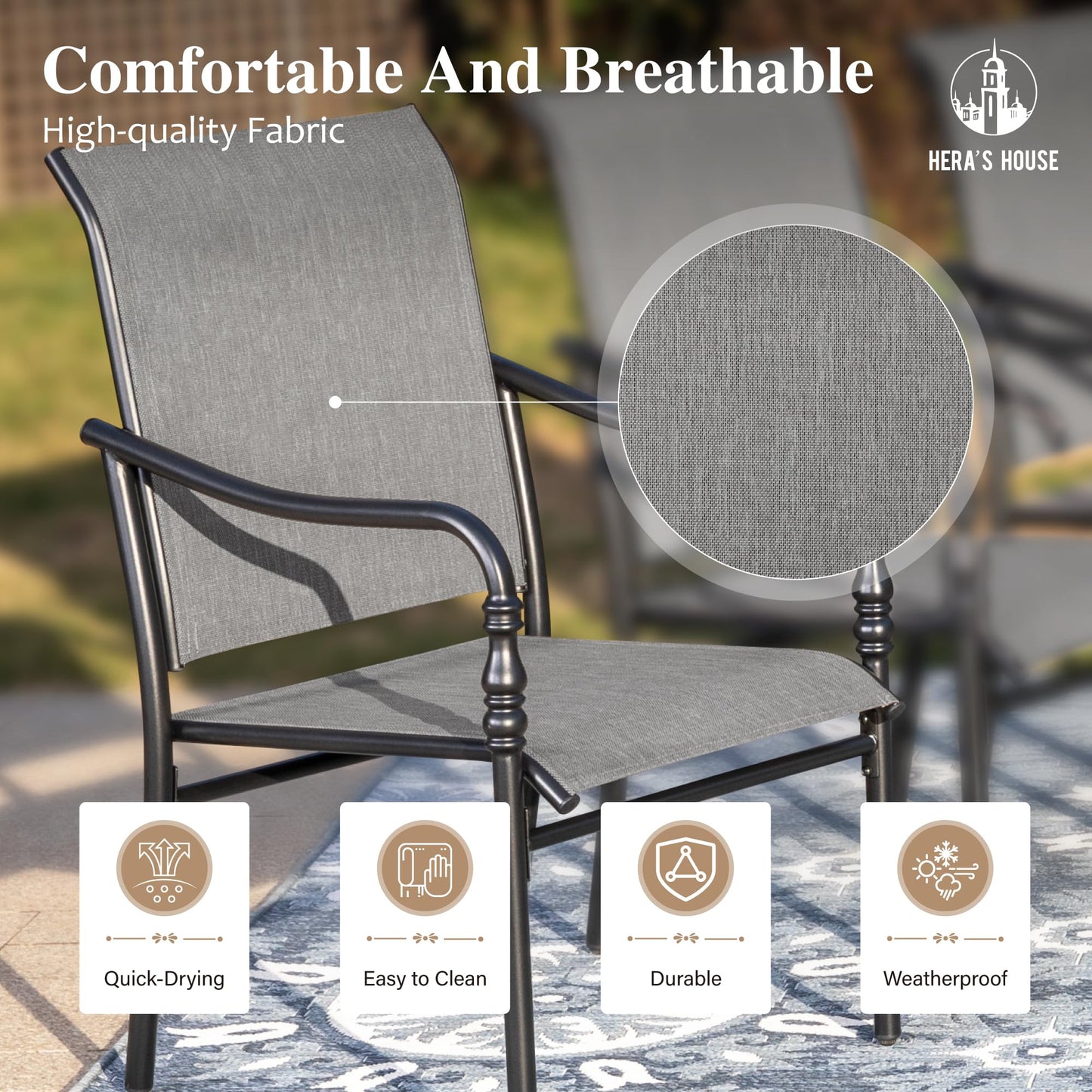 HERA'S HOUSE Patio Table and Chairs for 6, Outdoor Dining Set 7 Pieces, 67" Rectangle Metal Table with Elegant Armrest Chairs for Garden Backyard