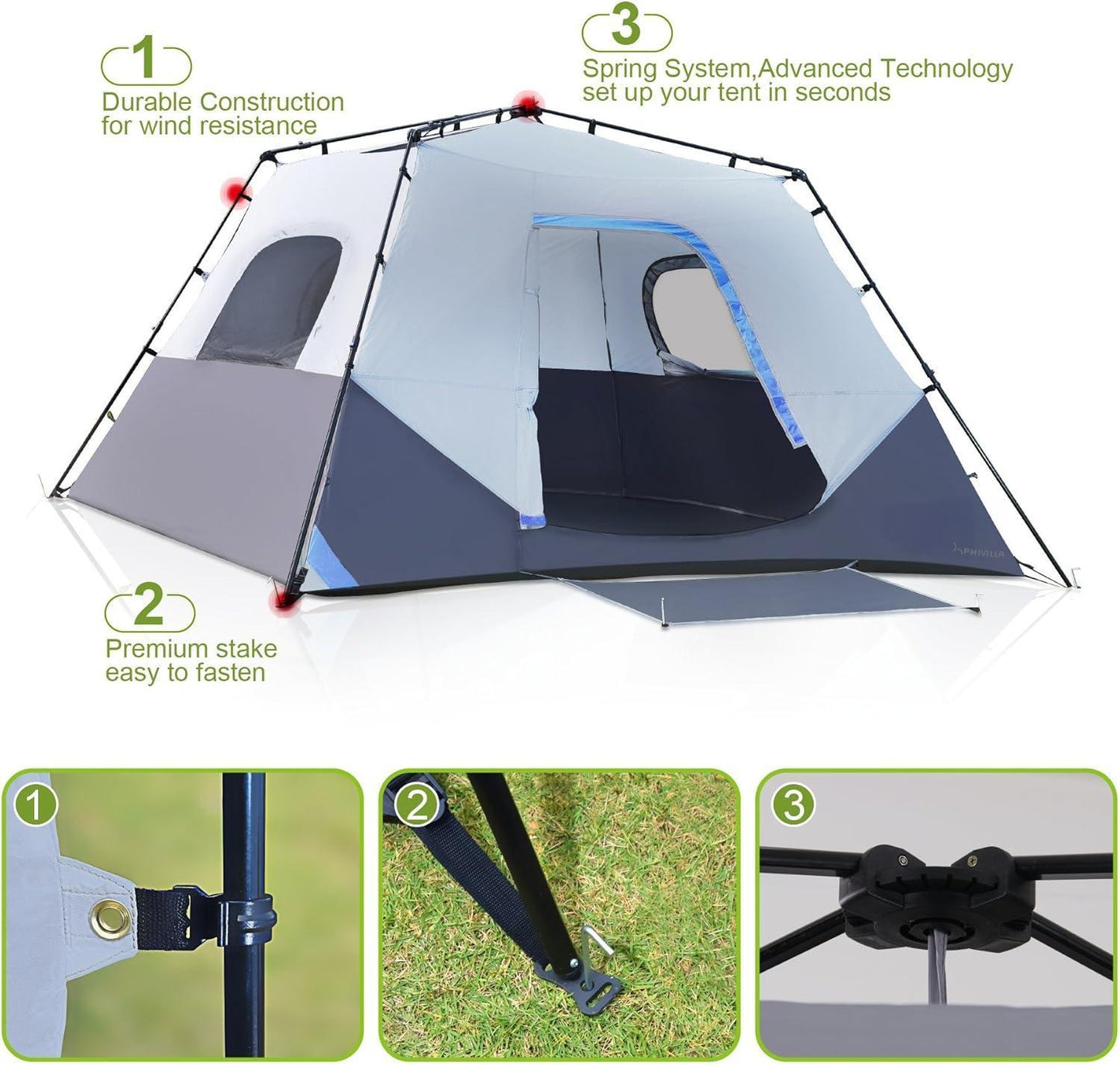 PHIVILLA Camping Tent 6/8 Person Instant Family Tent, 60 Seconds Easy Setup Cabin Tent with Rainfly and Mud Mat