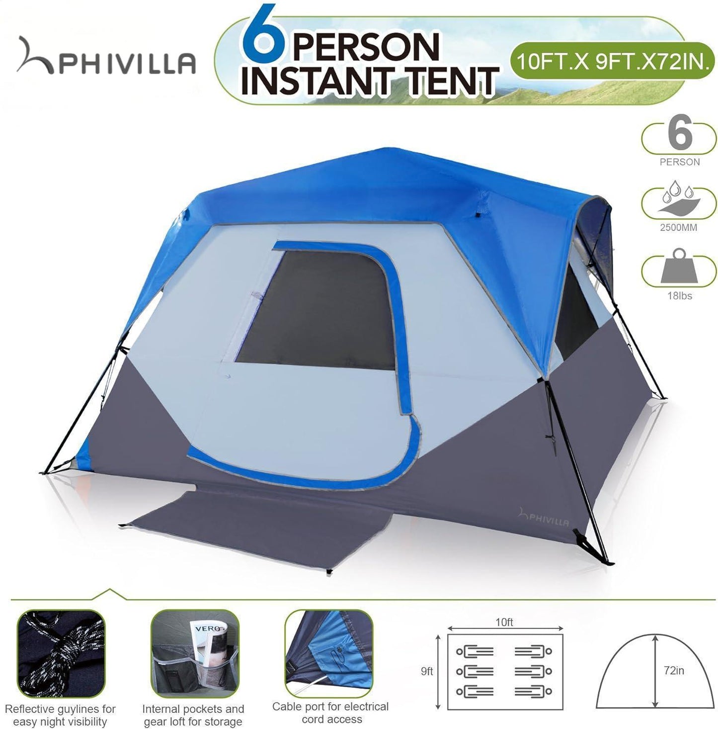 PHIVILLA Camping Tent 6/8 Person Instant Family Tent, 60 Seconds Easy Setup Cabin Tent with Rainfly and Mud Mat
