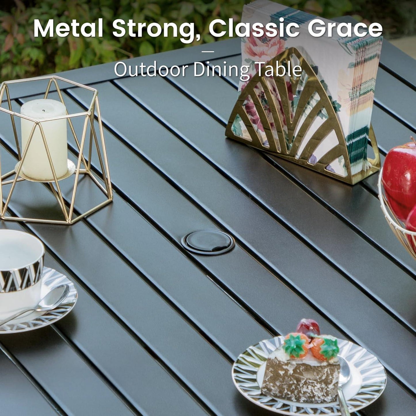 PHIVILLA 37 Inch Outdoor Dining Table Metal Steel Slat Square Patio Dining Table with 1.57" Umbrella Hole for Garden, Backyard and Porch (Classic Black)