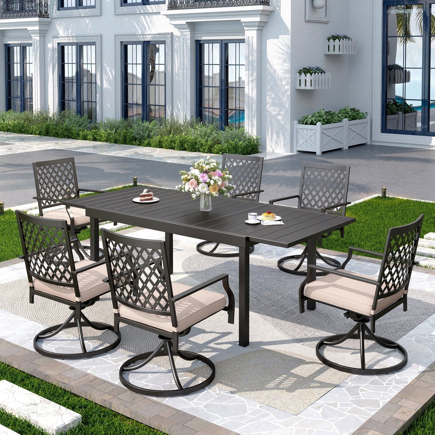 Captiva Designs 7pc Patio Slat-top Rectangle Dining Steel Table & Armrest Metal Chairs