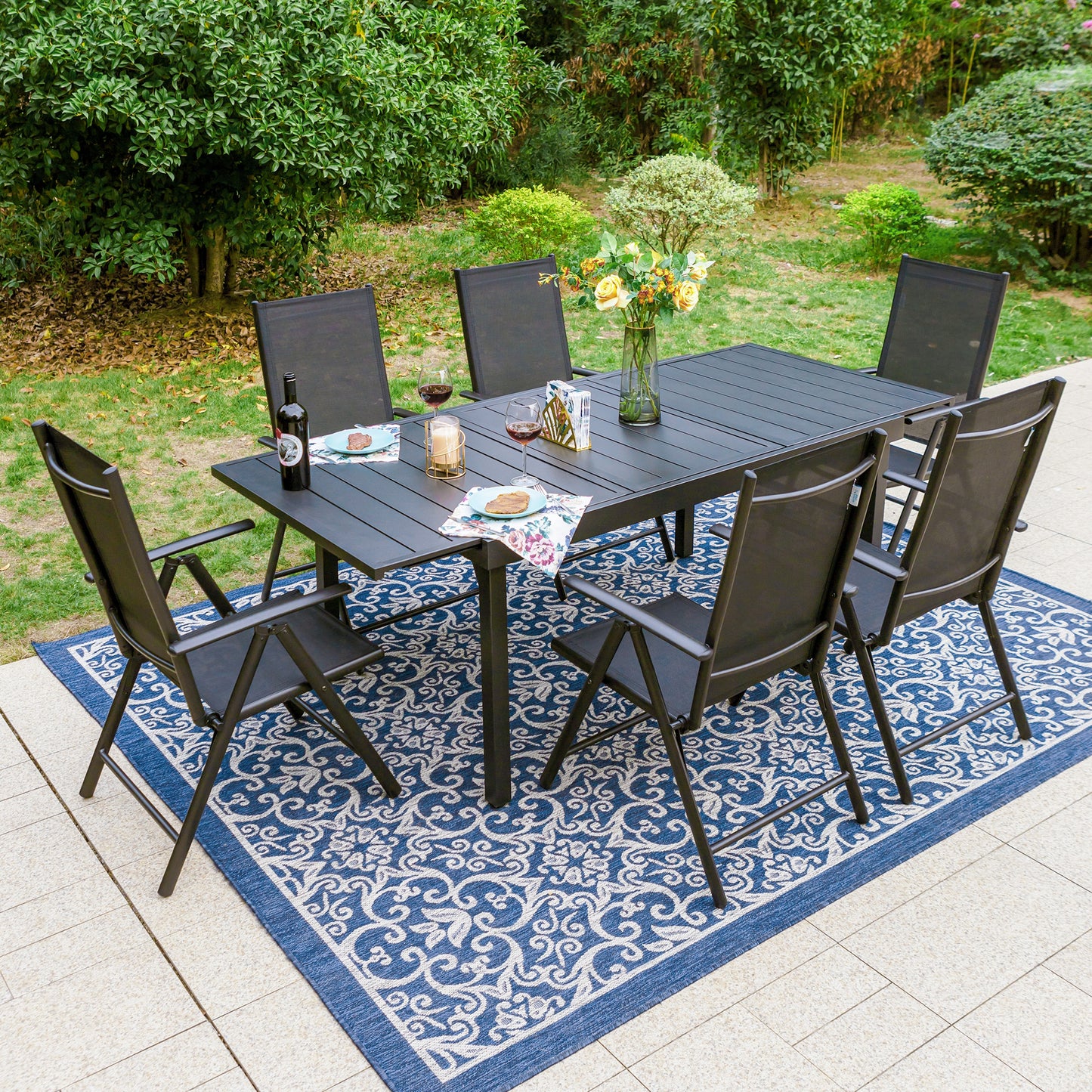 Captiva Designs 7pc Patio Dining Rectangular Steel Table & Pre-assembled Textilene Reclining Foldable Chairs