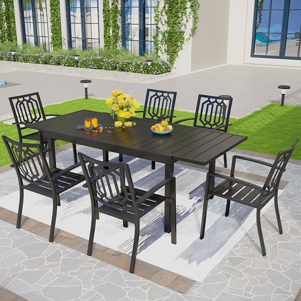 Captiva Designs 7pc Patio Slat-top Rectangle Dining Steel Table & Armrest Metal Chairs