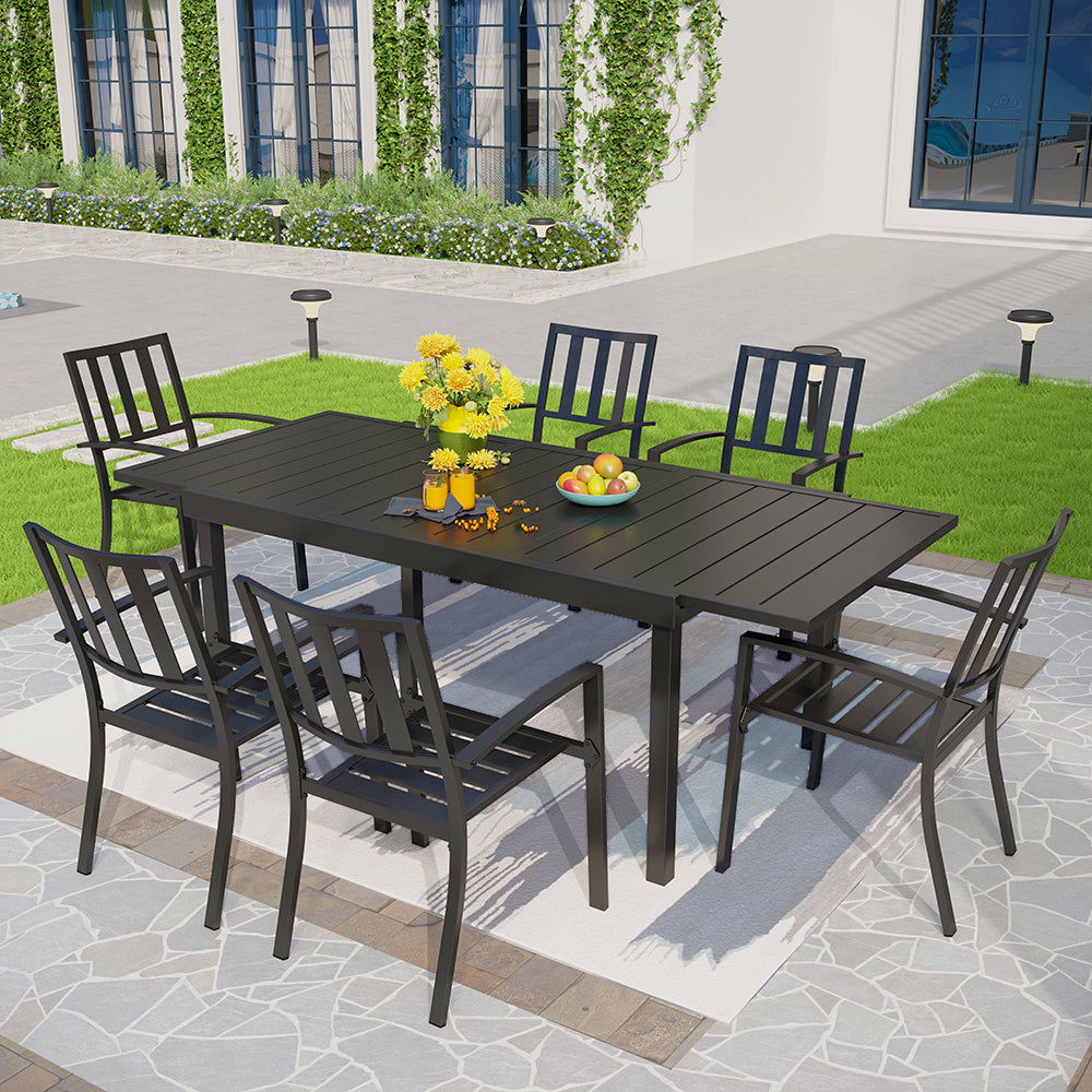 Captiva Designs 7pc Patio Slat-top Rectangle Dining Steel Table & Armrest Metal Chairs