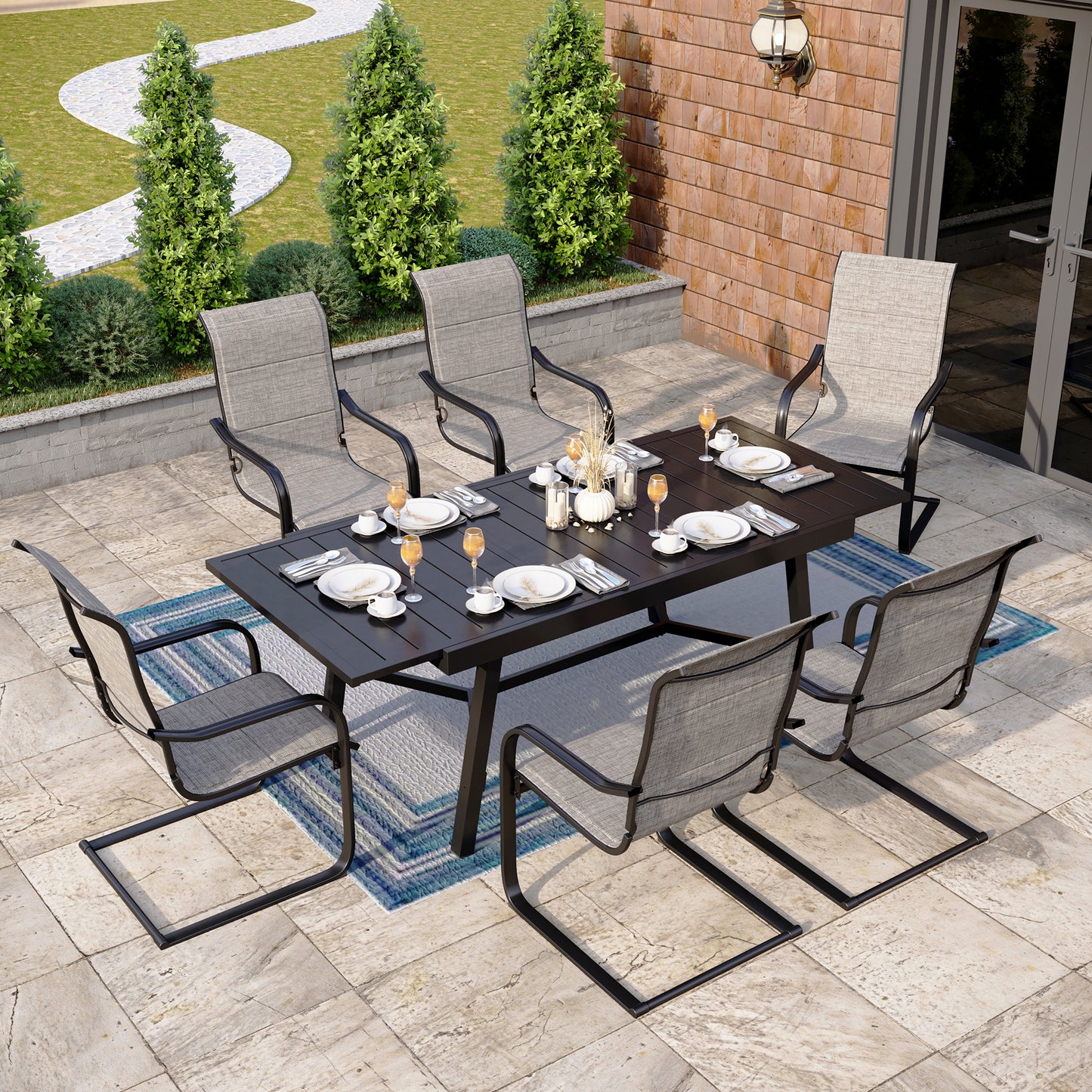Captiva Designs 7pc Patio Dining Set with Steel Frame Rectangle Table & C-spring Sling Chairs