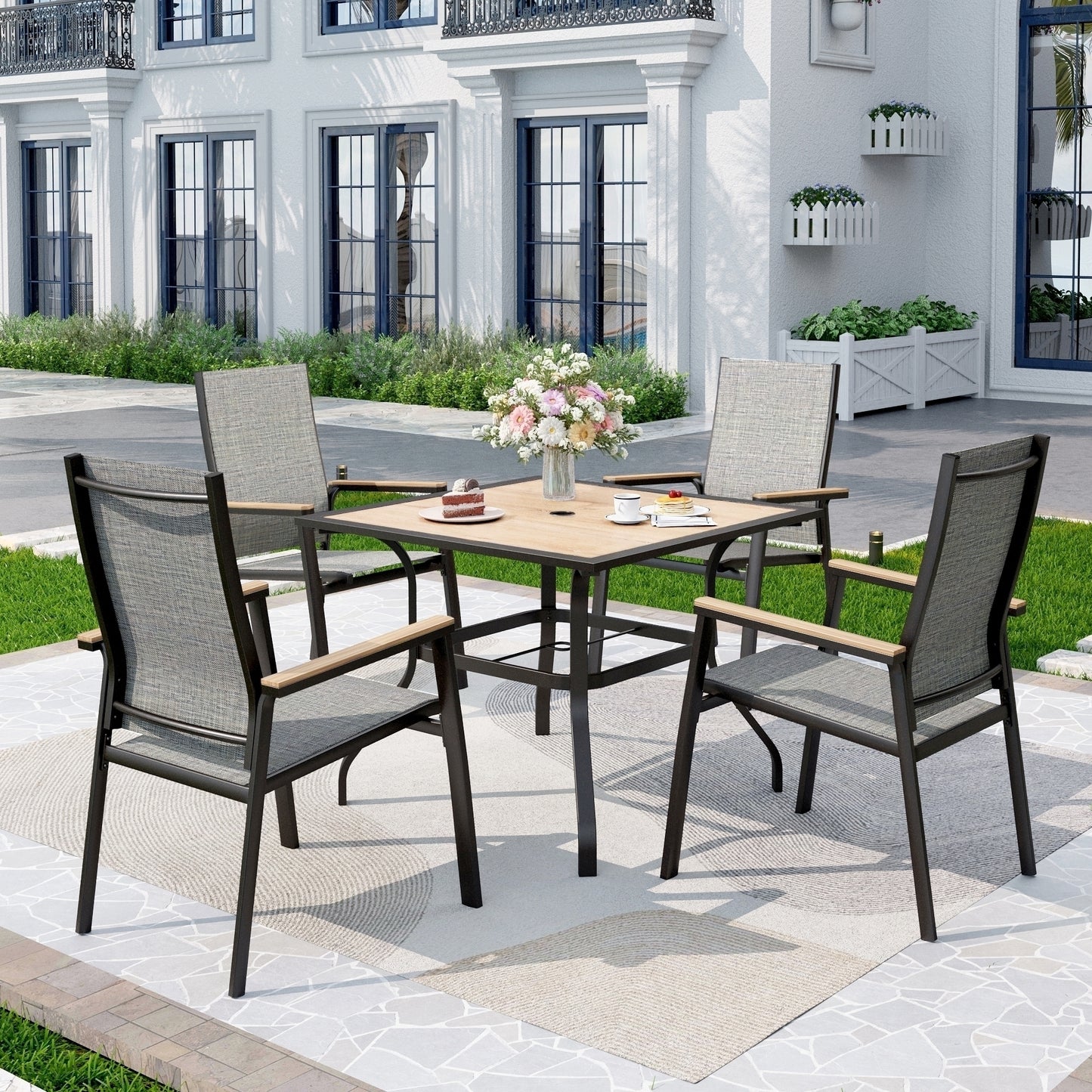 Captiva Designs 5pc Outdoor Patio Dining Wood-like Table with Umbrella Hole & Quick-dry Sling Chairs