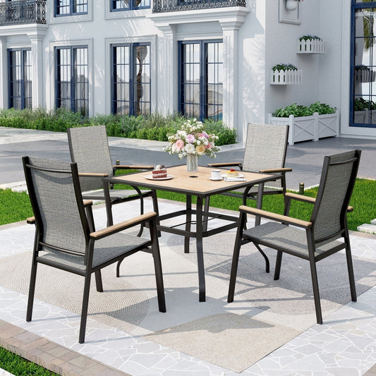 Captiva Designs 5pc Outdoor Patio Dining Wood-like Table with Umbrella Hole & Quick-dry Sling Chairs