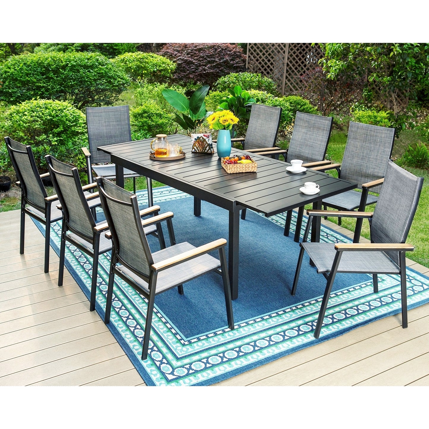 Captiva Designs 9pc Patio Dining Set with Slat-top Steel Rectangle Table  & Textilene Aluminum Chairs