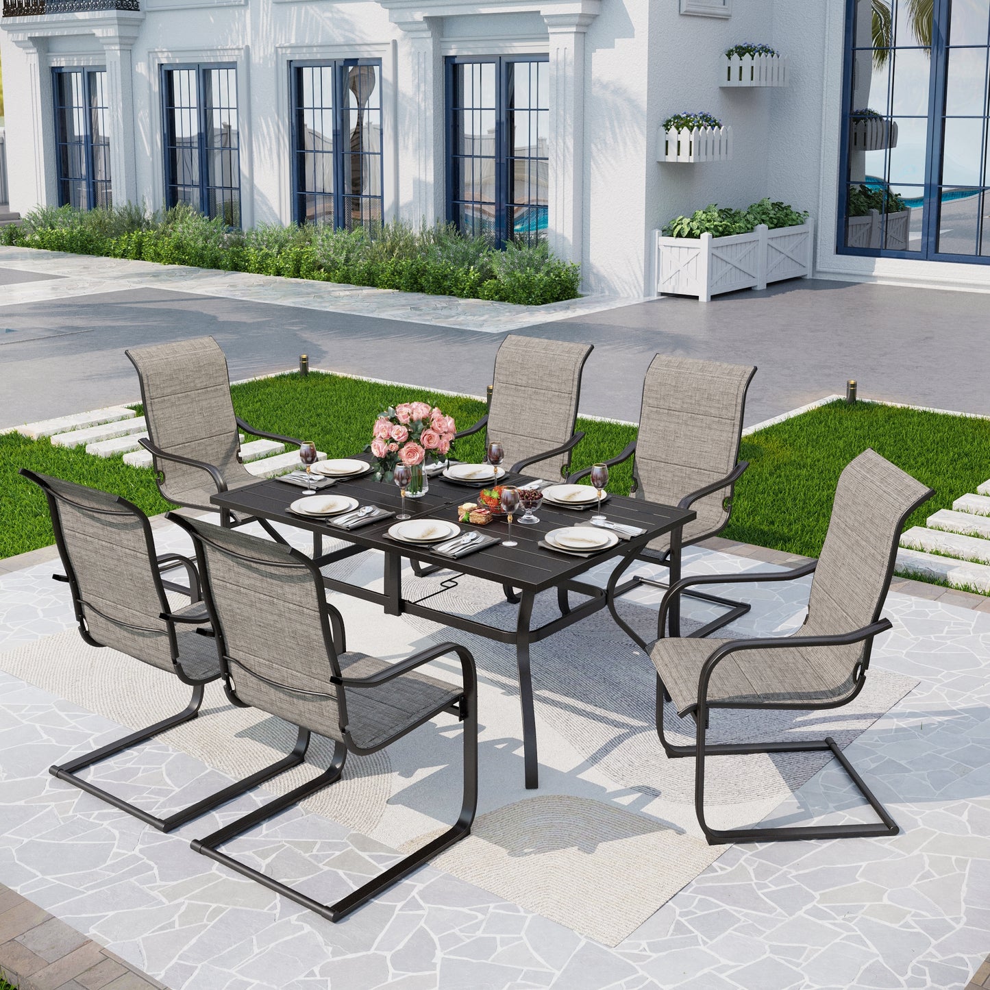 Captiva Designs 7pc Patio Dining Set with Steel Frame Rectangle Table & C-spring Sling Chairs