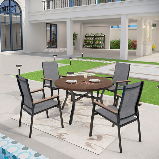 Captiva Designs 5pc Outdoor Patio Dining Wood-like Table with Umbrella Hole & Quick-dry Sling Chairs