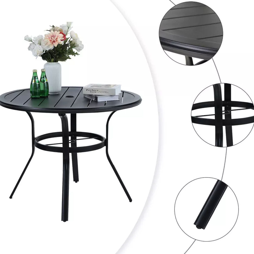 Captiva Designs 5pc Outdoor Patio Slat-top Black Round Dining Steel Table & Steel Frame Sling Chairs