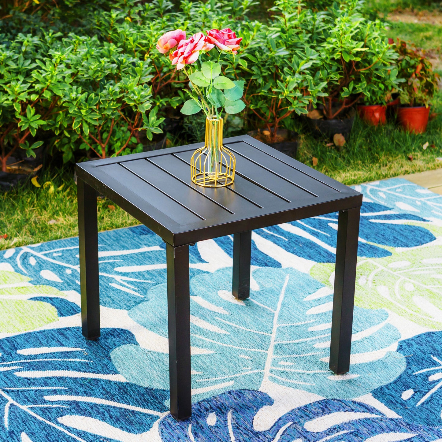 Captiva Designs 3pc Outdoor Patio Dining Steel Table & Gray Wood-look Arm Textilene Sling Chairs