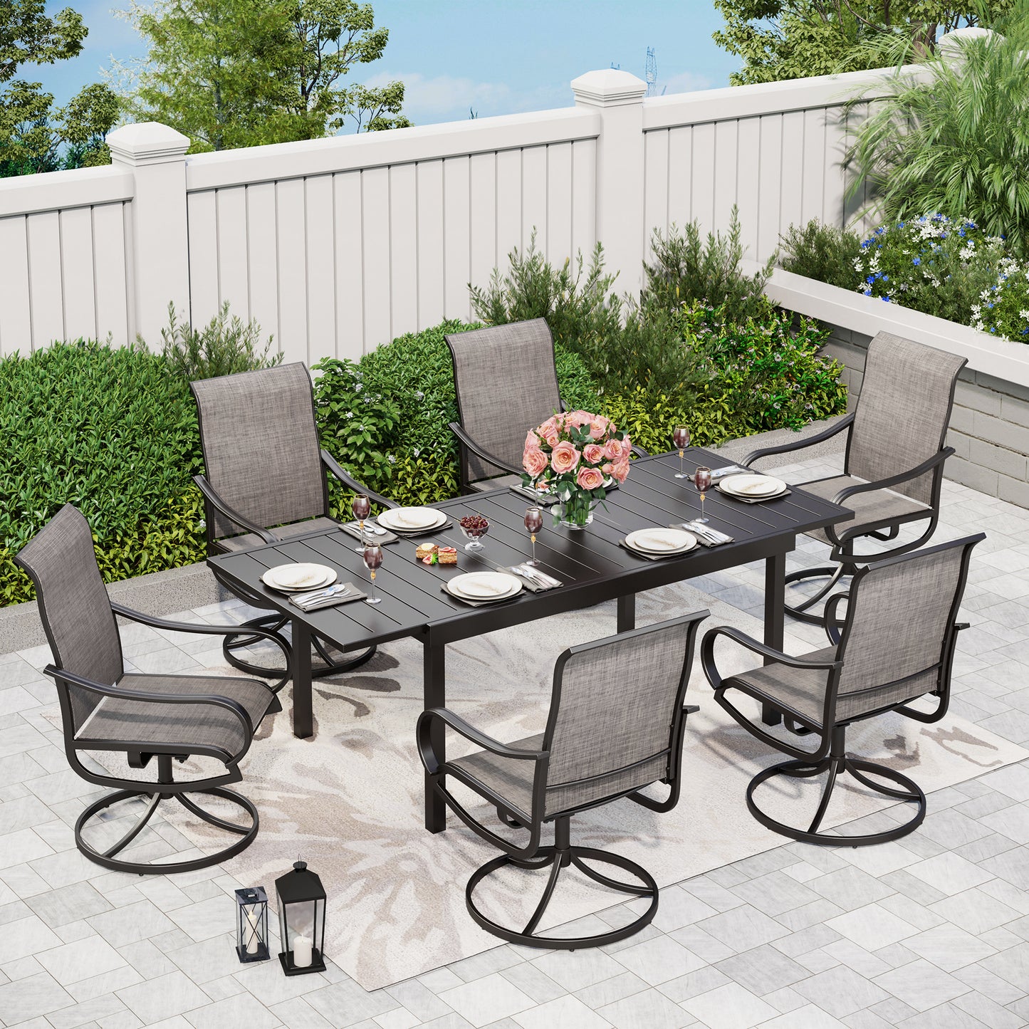 Captiva Designs 7pc Outdoor Patio Slat-top Rectangle Steel Dining Table & Grayish Brown Sling Swivel Chairs