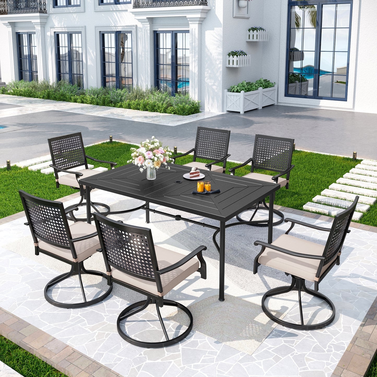 Captiva Designs 7pc Patio Dining Set with Geometric Pattern Rectangular Table & Metal Arm Chairs