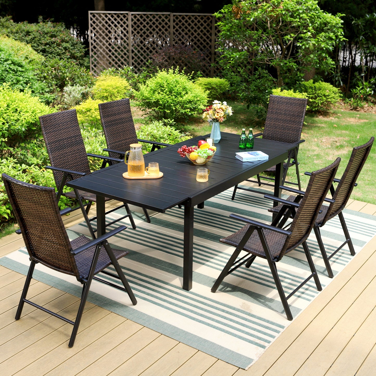 Captiva Designs 7pc Outdoor Patio Slat-top Rectangle Dining Steel Table & Armrest Chairs