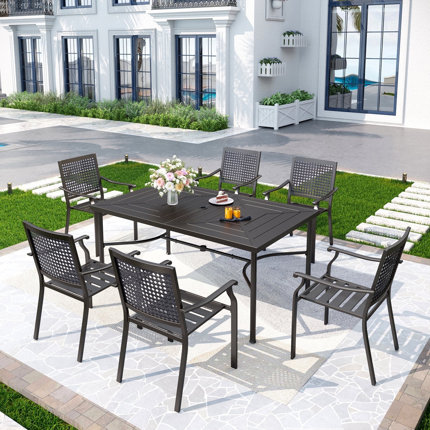 Captiva Designs 7pc Patio Dining Set with Geometric Pattern Rectangular Table & Metal Arm Chairs