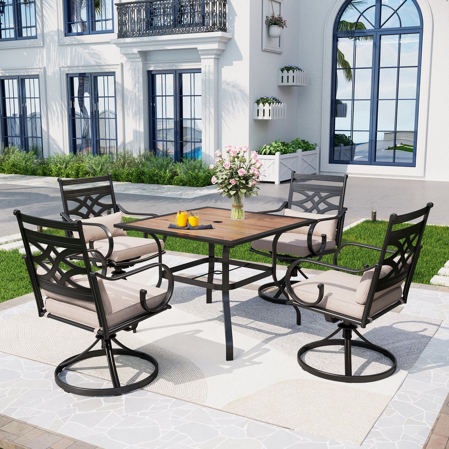 Captiva Designs 5pc Outdoor Dining Table & Metal Chairs with Thick Seat & Back Cushions